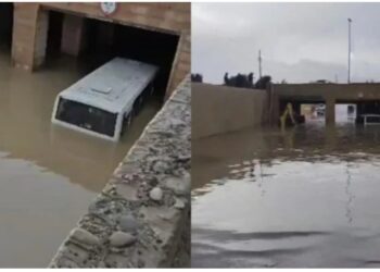 Bakıda sərnişin avtobusu suyun içində qaldı – Sərnişinlər kəndirlə xilas edildi