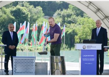 Prezident İlham Əliyev Laçında “Həkəriçay” su anbarının təməlini qoydu-Fotolar
